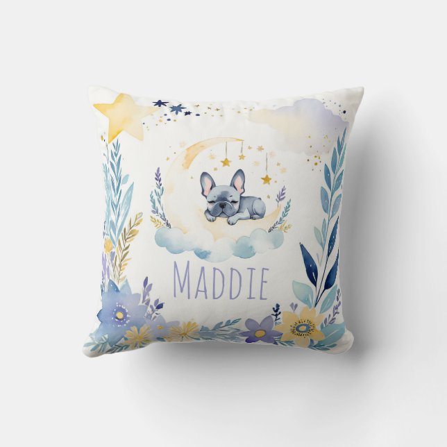 Sleeping French Bulldog Boho Name Nursery Pillow (Back)