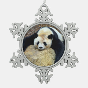 Sleeping giant panda slumped on a rock jigsaw puzz snowflake pewter christmas ornament