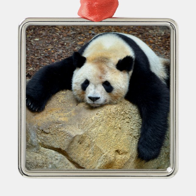 Sleeping giant panda slumped on a rock metal ornament (Front)