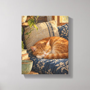 Sleeping Ginger Cat and Celadon Teacup Canvas Print