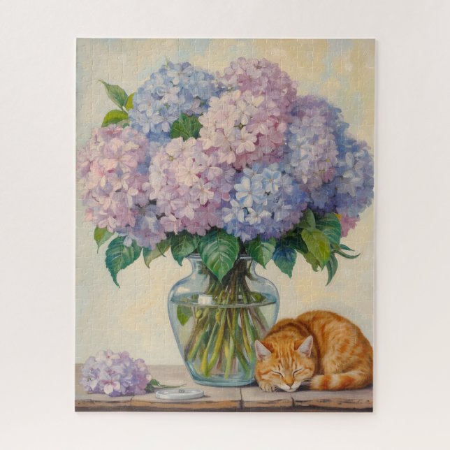 Sleeping Ginger Cat and Hydrangeas Jigsaw Puzzle (Vertical)