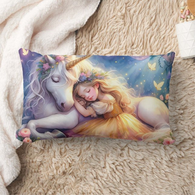 Sleeping Girl Unicorn Dreamscape Lumbar Pillow (Blanket)