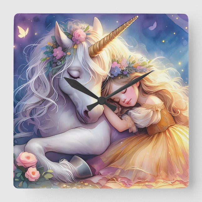 Sleeping Girl Unicorn Dreamscape Square Wall Clock (Front)
