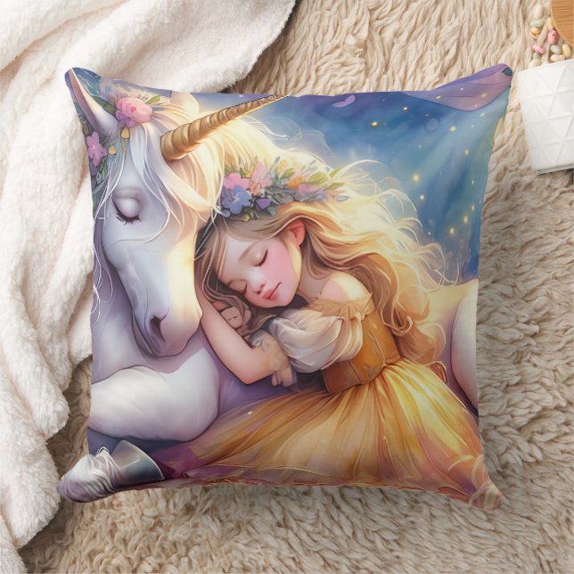 Sleeping Girl Unicorn Dreamscape Throw Pillow (Blanket)