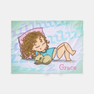 Sleeping Girl with Cat Fleece Blanket