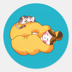 Sleeping Girl with Cozy Cat Classic Round Sticker