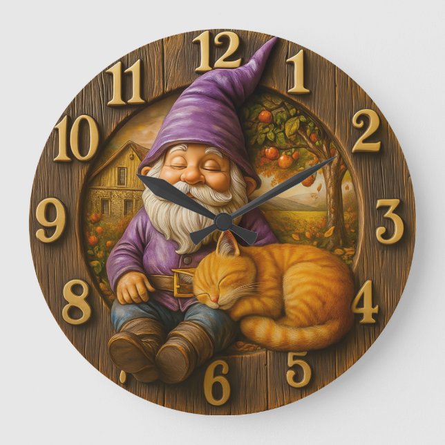 Sleeping gnome & cat cottage large clock (Front)