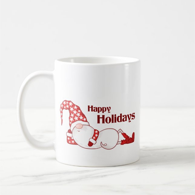 Sleeping Gnome Happy Holidays Funny Coffee Mug (Left)