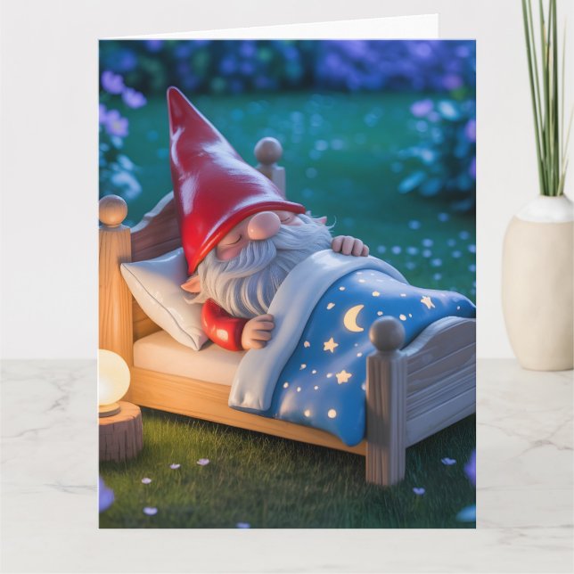 Sleeping Gnome in Nighttime Garden Card (Front)