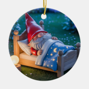 Sleeping Gnome in Nighttime Garden Ceramic Ornament