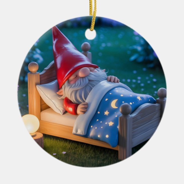 Sleeping Gnome in Nighttime Garden Ceramic Ornament (Front)