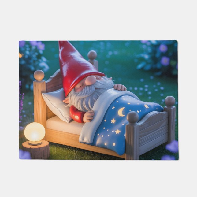 Sleeping Gnome in Nighttime Garden Doormat (Front)