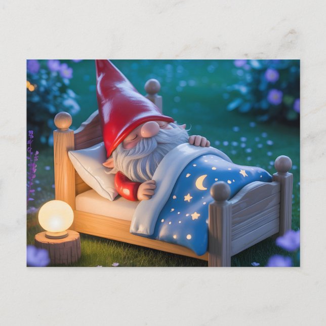 Sleeping Gnome in Nighttime Garden Postcard (Front)
