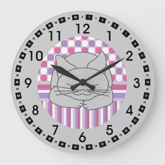 Sleeping Gray Cat Patterned Oval Large Clock (Front)