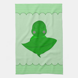 Sleeping Green Turtle Frilly Frame With Stripes Kitchen Towel