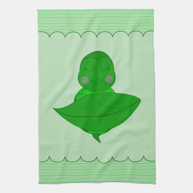 Sleeping Green Turtle Frilly Frame With Stripes Kitchen Towel (Vertical)