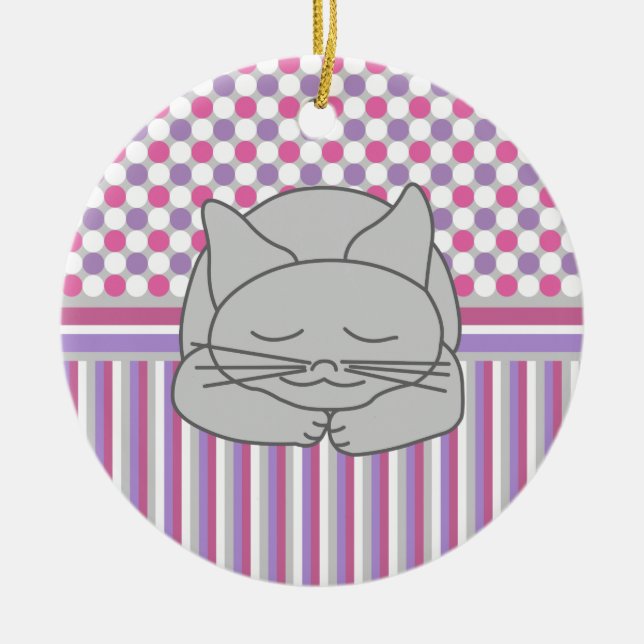 Sleeping Grey Cat Pattern Ceramic Ornament (Front)