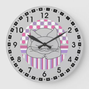 Sleeping Grey Cat Patterned Oval Large Clock