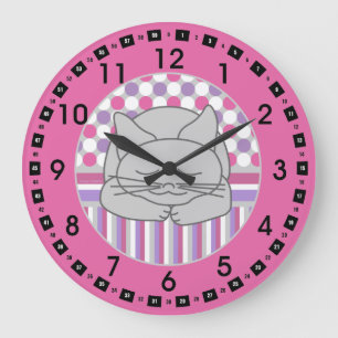 Sleeping Grey Cat Patterned Oval Large Clock