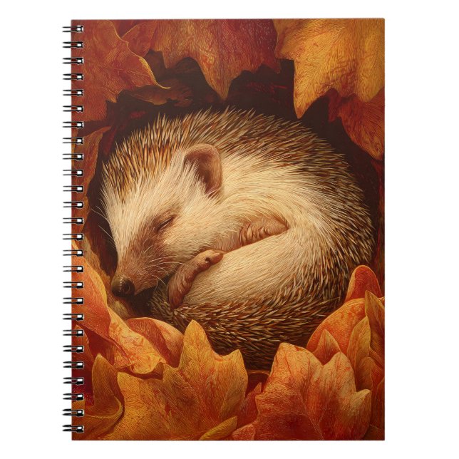 Sleeping Hedgehog Autumn Leaves Nest Art Notebook (Front)