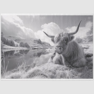 Sleeping Highland Cow Black and White Decoupage Tissue Paper