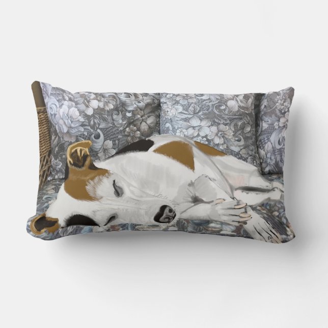 Sleeping Jack Russell against abstract ferns Lumbar Pillow (Front)