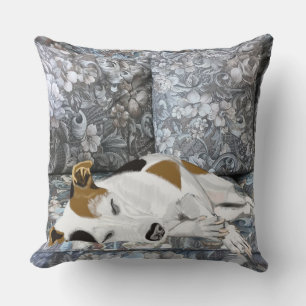 Sleeping Jack Russell on a Blue Floral Sofa Throw Pillow