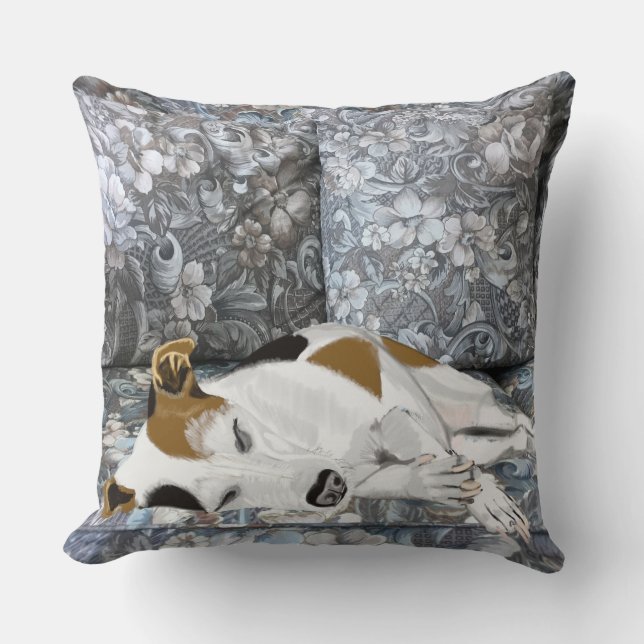 Sleeping Jack Russell on a Blue Floral Sofa Throw Pillow (Front)
