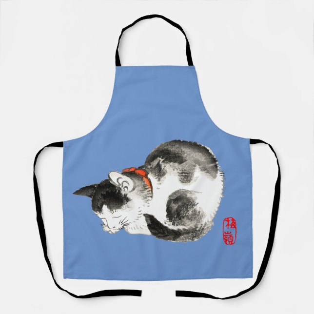 Sleeping Japanese Cat Black and White Apron (Front)