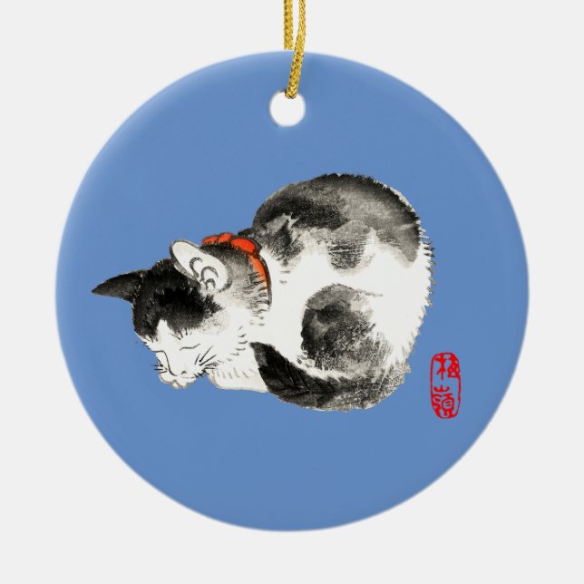 Sleeping Japanese Cat Black and White Ceramic Ornament (Front)