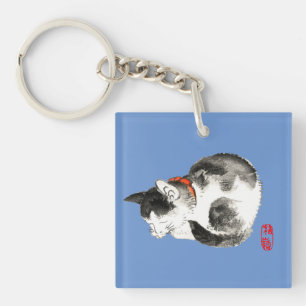 Sleeping Japanese Cat Black and White Keychain