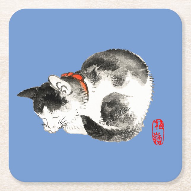 Sleeping Japanese Cat Black and White Square Paper Coaster (Front)