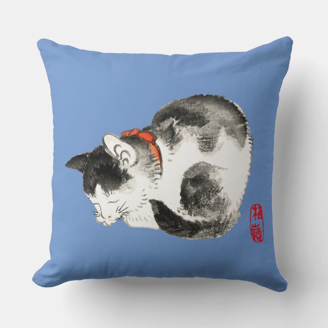 Sleeping Japanese Cat Black and White Throw Pillow (Front)