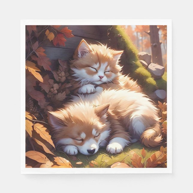Sleeping Kitten and Puppy Fall Leaves Meadow  Napkin (Front)