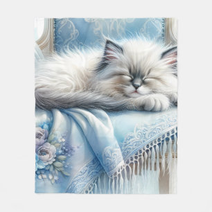 Sleeping Kitten Blue Cottagecore Dream Fleece Blanket