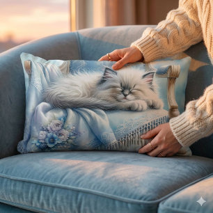Sleeping Kitten Blue Cottagecore Dream Lumbar Pillow
