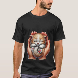 Sleeping Kitten Cradled in Hands Tiny Fluffy Cat T-Shirt