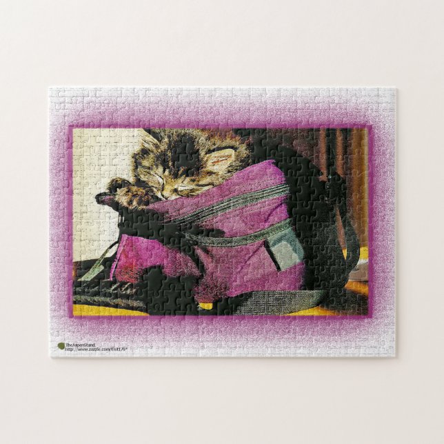 Sleeping Kitten In A Burgundy Purse Jigsaw Puzzle (Horizontal)