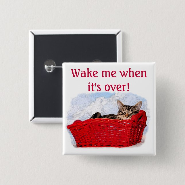 Sleeping Kitten In Bright Red Basket 2 Inch Square Button (Front & Back)