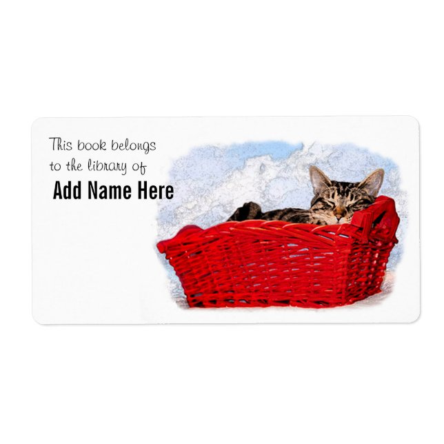 Sleeping Kitten In Bright Red Basket Bookplate (Front)