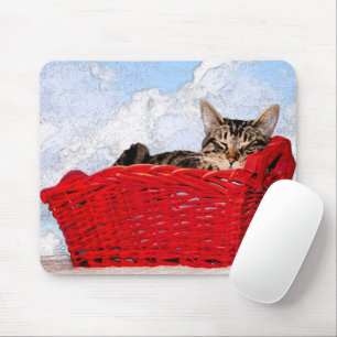 Sleeping Kitten In Bright Red Basket Mouse Pad