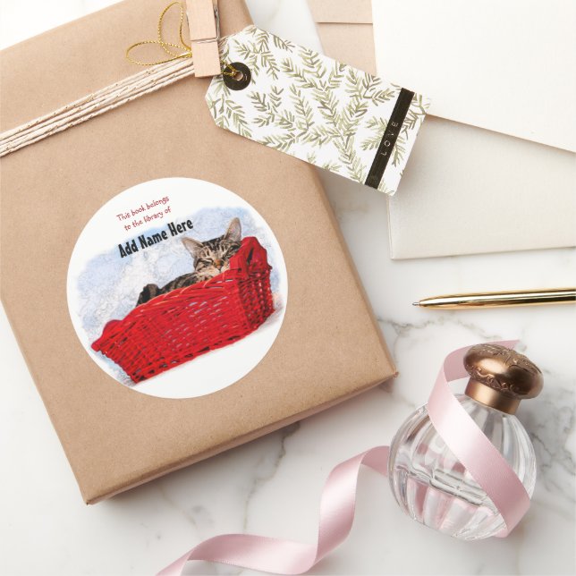 Sleeping Kitten In Bright Red Basket Personalized Classic Round Sticker (Gifting)