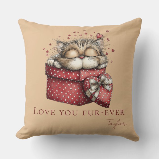 Sleeping Kitten Love You Fur-Ever Warm Beige Throw Pillow (Front)