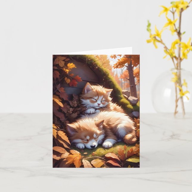 Sleeping Kitten Puppy Fall Leaves Blank Greeting  Card (Yellow Flower)