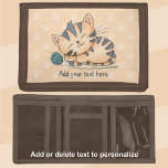 Sleeping Kitten With Wool Trifold Wallet<br><div class="desc">Cute watercolor tabby cat with grey stripes is curled up sleeping with a blue ball of wool he has been playing with. Below the kitten is a template to add your own text to personalize. The background has a pattern of little paw prints.</div>