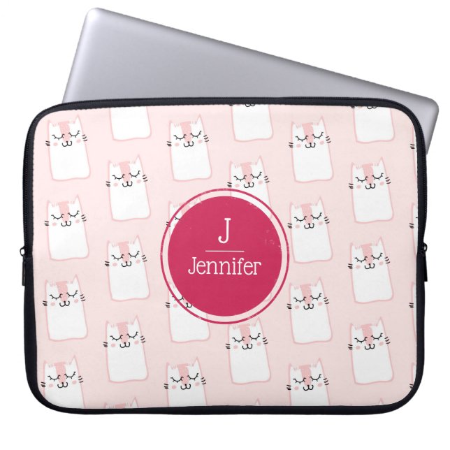 Sleeping Kitty Cat Pattern Monogram Laptop Sleeve (Front)