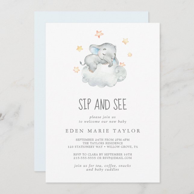Sleeping Little Elephant Baby Boy Sip and See Invitation (Front/Back)