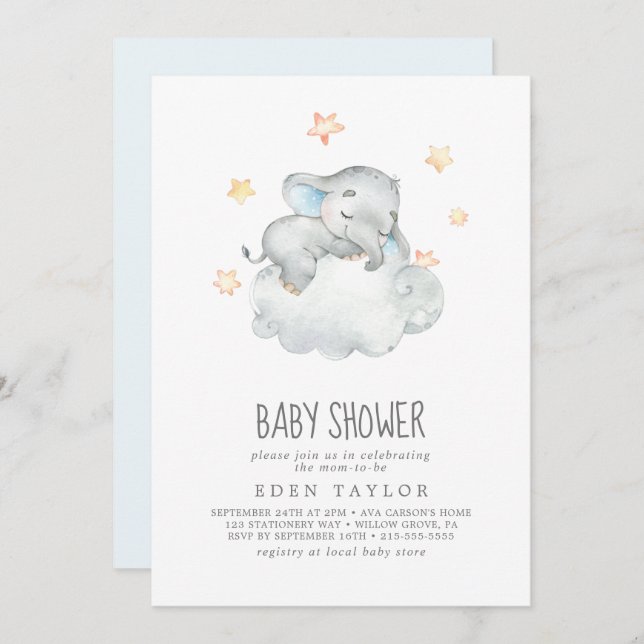 Sleeping Little Elephant Boy Baby Shower Invitation (Front/Back)
