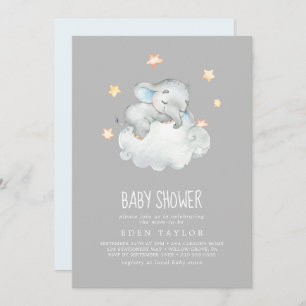 Sleeping Little Elephant Boy   Grey Baby Shower Invitation