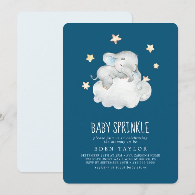 Sleeping Little Elephant Boy | Navy Baby Sprinkle Invitation (Front/Back)
